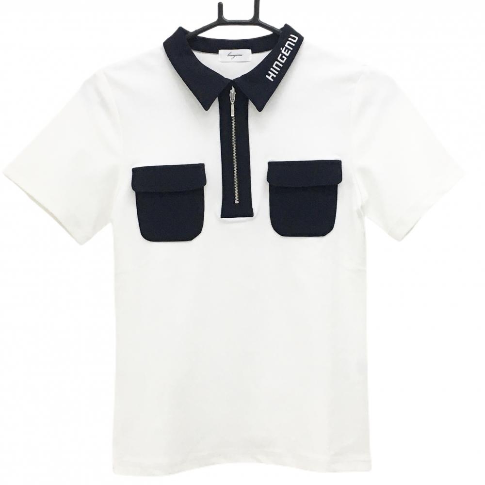 【超美品】アンジェーヌ 半袖ポロシャツ 白×ネイビー 胸ポケット ハーフジップ  レディース F ゴルフウェア Hingenu