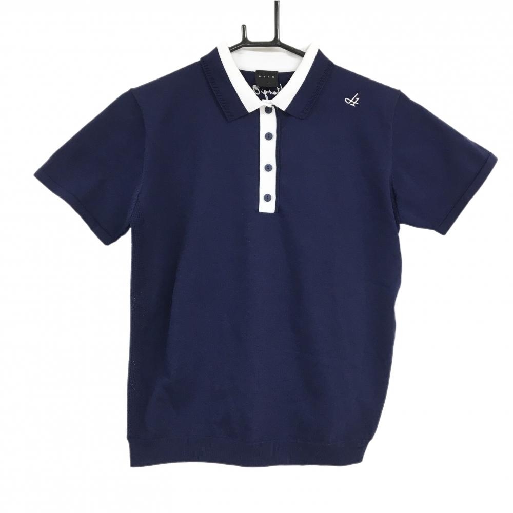 【超美品】エルグワン 半袖ニットポロシャツ ネイビー×白 サイドメッシュ  レディース 1(M) ゴルフウェア HERG1