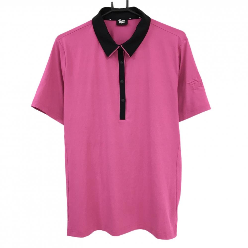 【超美品】ピーエックスジー 半袖ポロシャツ ピンク×黒 スナップボタン 袖立体ロゴ  レディース XL ゴルフウェア PXG
