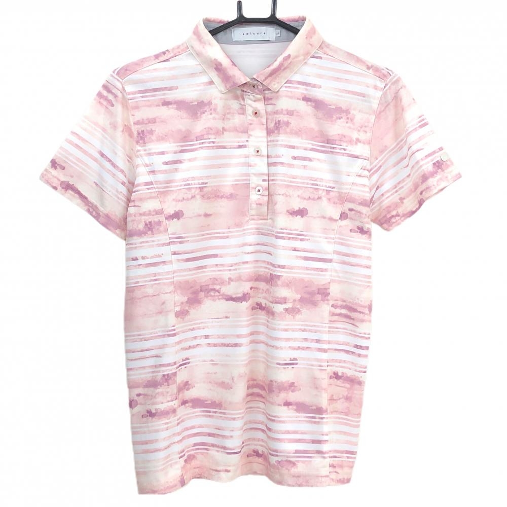 【超美品】エピキュール 半袖ポロシャツ 白×ライトピンク系 ボーダー レディース L ゴルフウェア epicure