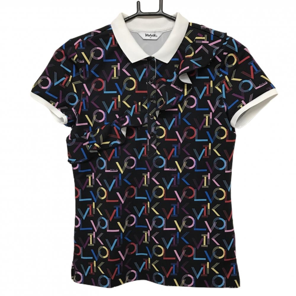 【超美品】ボルビック 半袖ポロシャツ 黒×マルチカラー ロゴ総柄 韓国モデル 一部フリル レディース 85 ゴルフウェア volvik