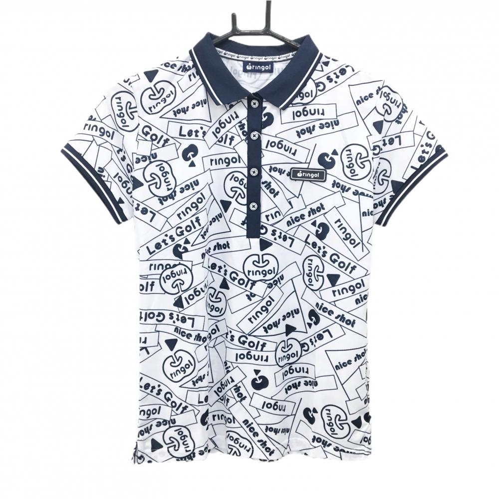 【新品】リンゴル 半袖ポロシャツ 白×ネイビー ロゴ総柄 レディース M ゴルフウェア ringol
