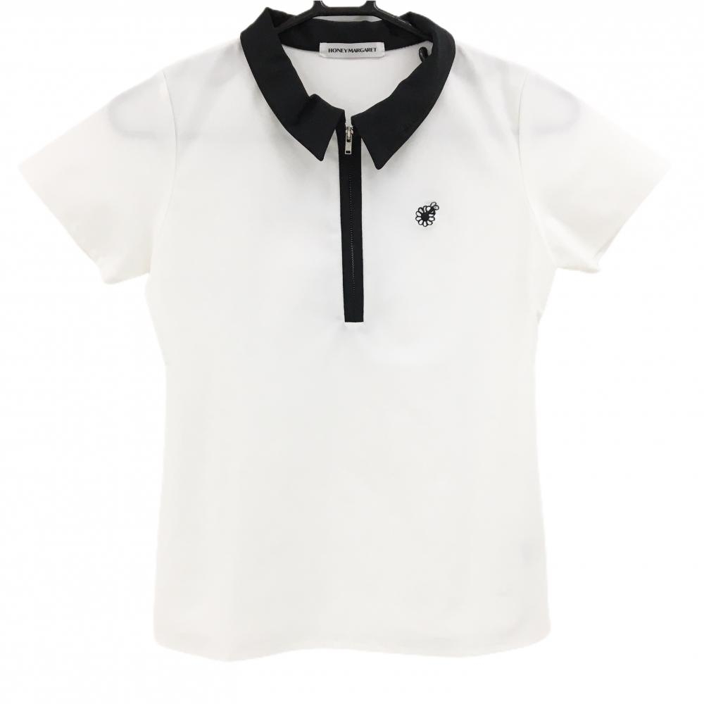 【美品】ハニーマーガレット 半袖ポロシャツ 白×黒 ハーフジップ ハチ刺しゅう レディース S ゴルフウェア HONEY MARGARET