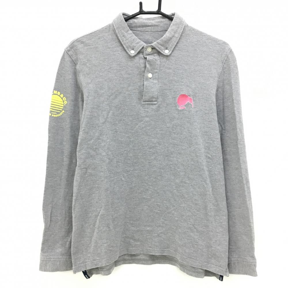 【美品】パームスアンドコー 長袖ポロシャツ グレー 胸刺しゅう 袖プリント ボタンダウン レディース L ゴルフウェア PALMS＆CO