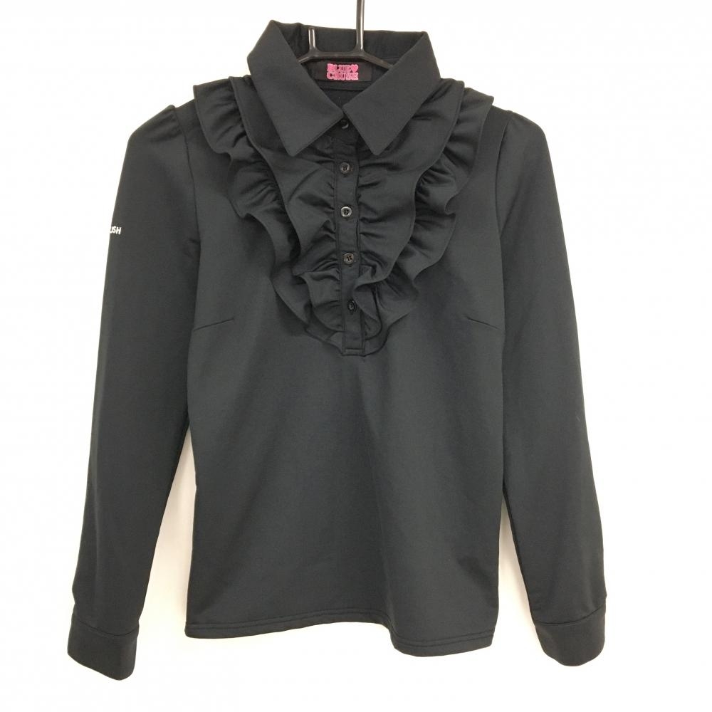 【美品】ブルークラッシュ 長袖ポロシャツ 黒 フリル 裏微起毛 背面ラインストーンロゴ レディース  ゴルフウェア BLUE CRUSH