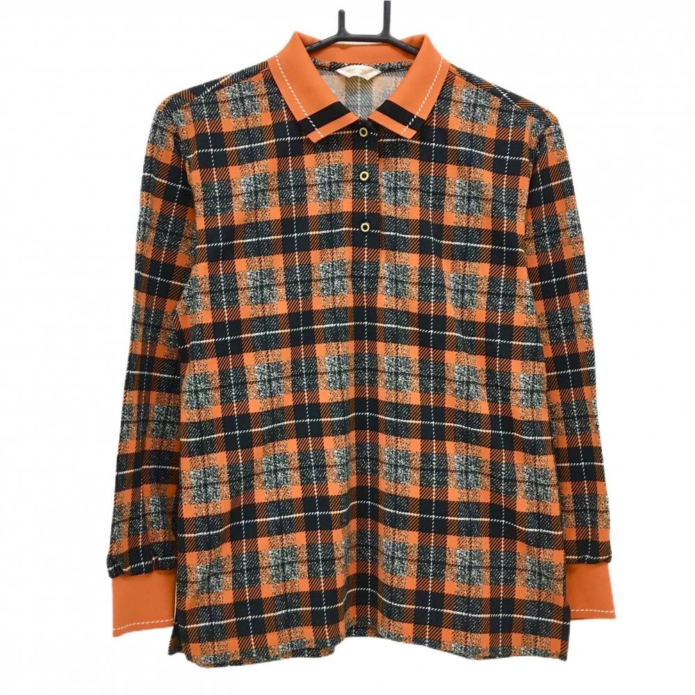 【超美品】マスターズ 長袖ポロシャツ オレンジ×黒 チェック 裏微起毛  レディース M ゴルフウェア MASTERS COLLECTION