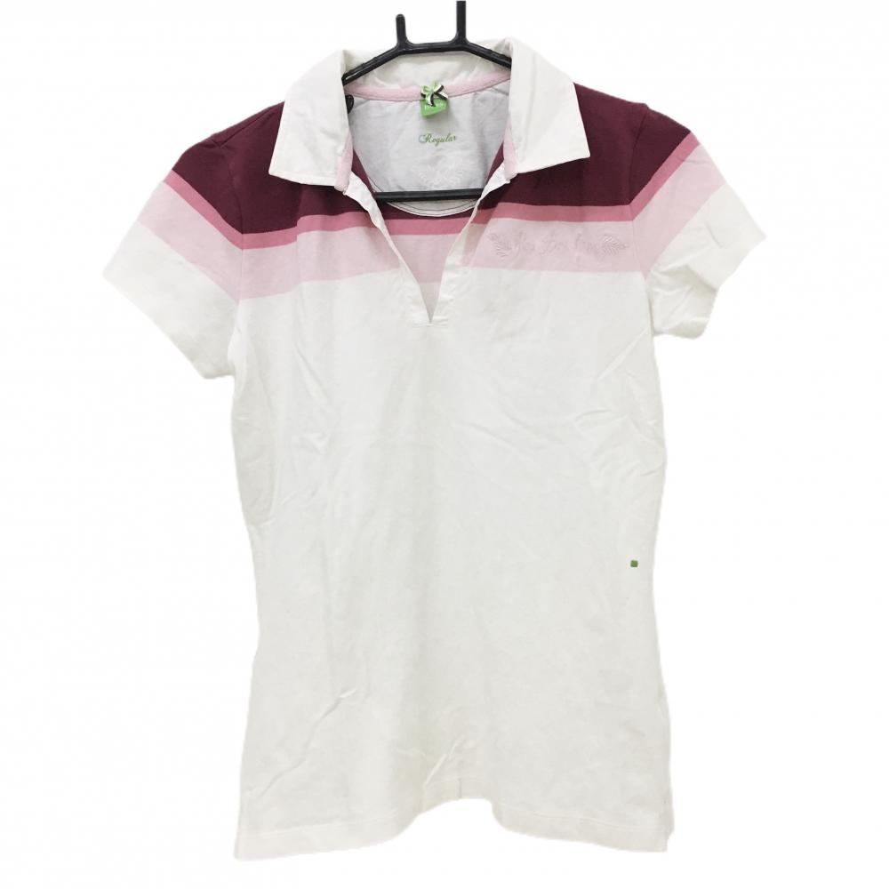 ヒューゴボス 半袖スキッパーシャツ 白×ピンク 刺しゅう  レディース S ゴルフウェア HUGO BOSS