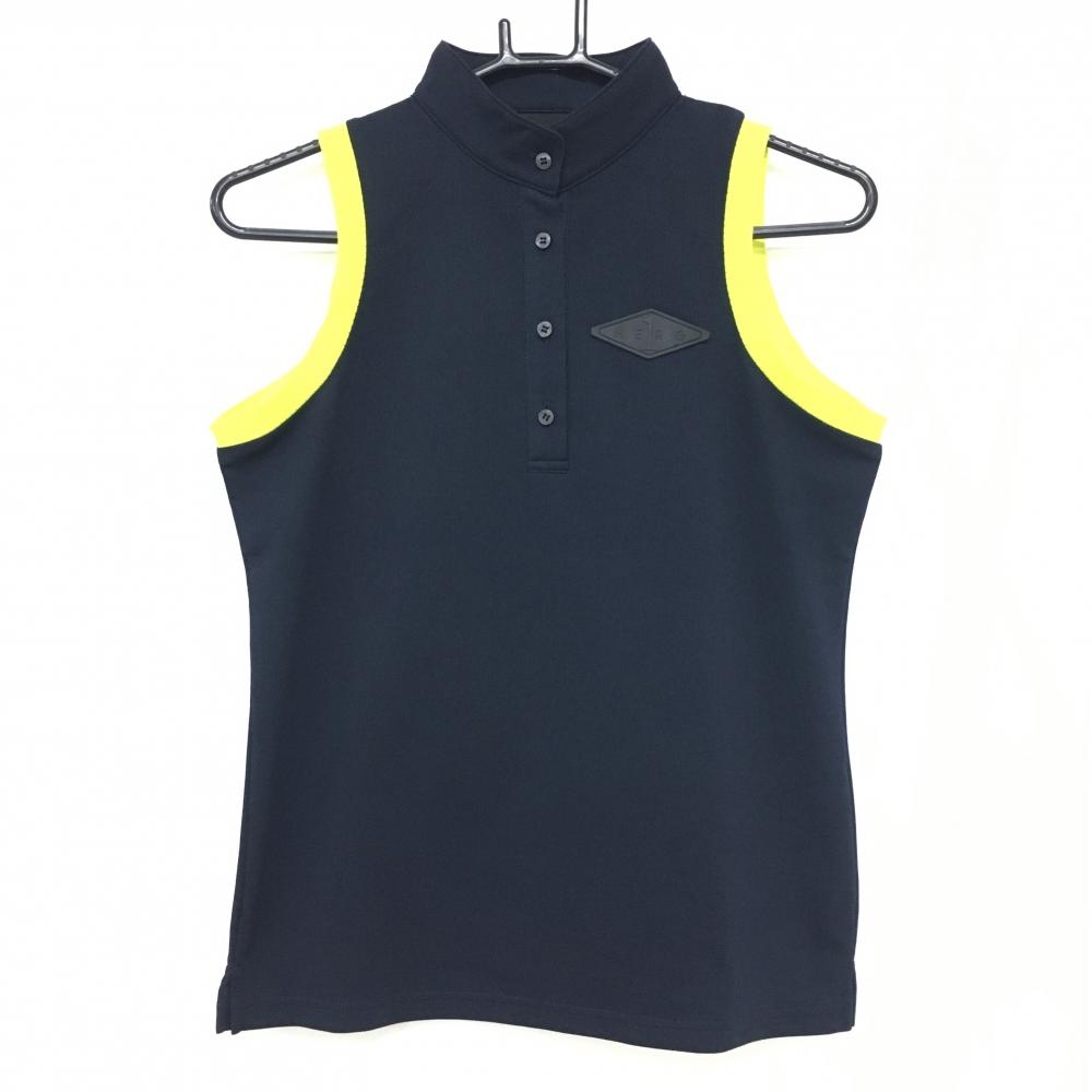 【超美品】エルグワン ノースリーブハイネックシャツ ネイビー×イエロー シリコンワッペン レディース 2 ゴルフウェア HERG1
