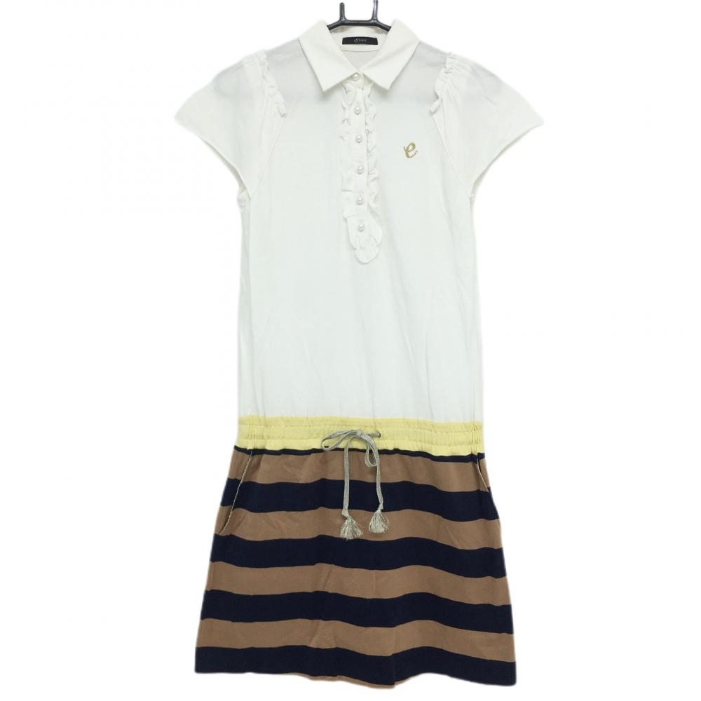 エフィカス 半袖ポロワンピース 白×ブラウン×ネイビー スカート部ボーダー レディース 2 ゴルフウェア efficace