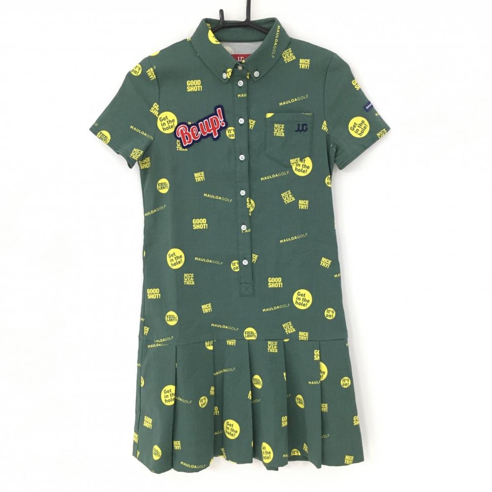 【美品】マウロアゴルフ 半袖ポロワンピース グリーン系×イエロー 総柄 プリーツ ボタンダウン レディース S ゴルフウェア MAULOA GOLF