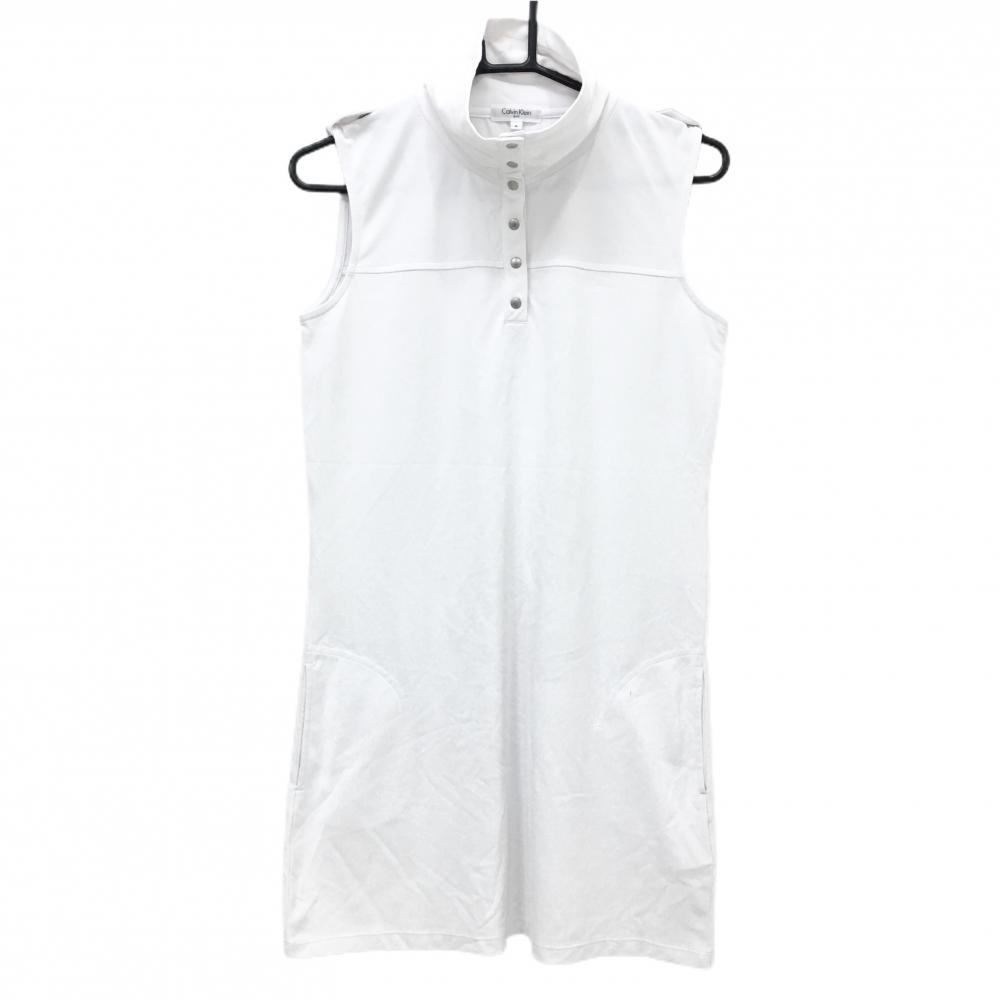 【美品】カルバンクラインゴルフ ノースリーブハイネックワンピース 白 ナップボタン レディース M ゴルフウェア Calvin Klein golf