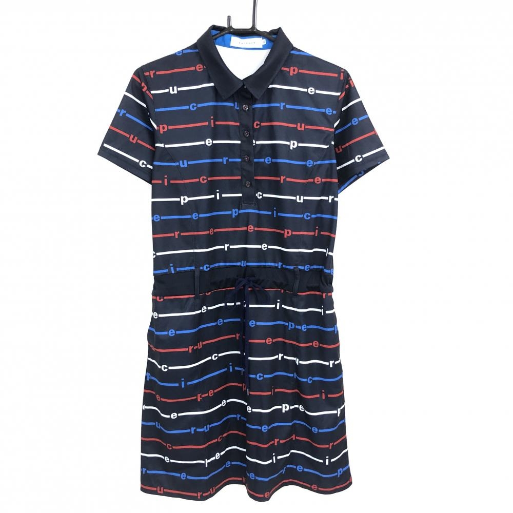 【超美品】エピキュール 半袖ポロワンピース ネイビー×レッド ボーダー風 ウエスト調整紐 レディース XL ゴルフウェア epicure