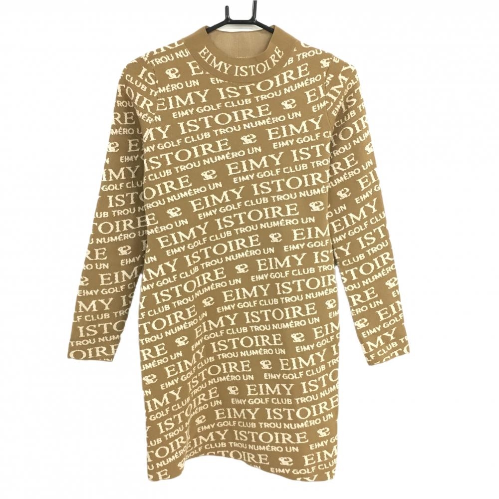 【超美品】エイミーゴルフ ニットワンピース ライトブラウン×ベージュ 英字ロゴ総柄 レディース F ゴルフウェア EIMY GOLF