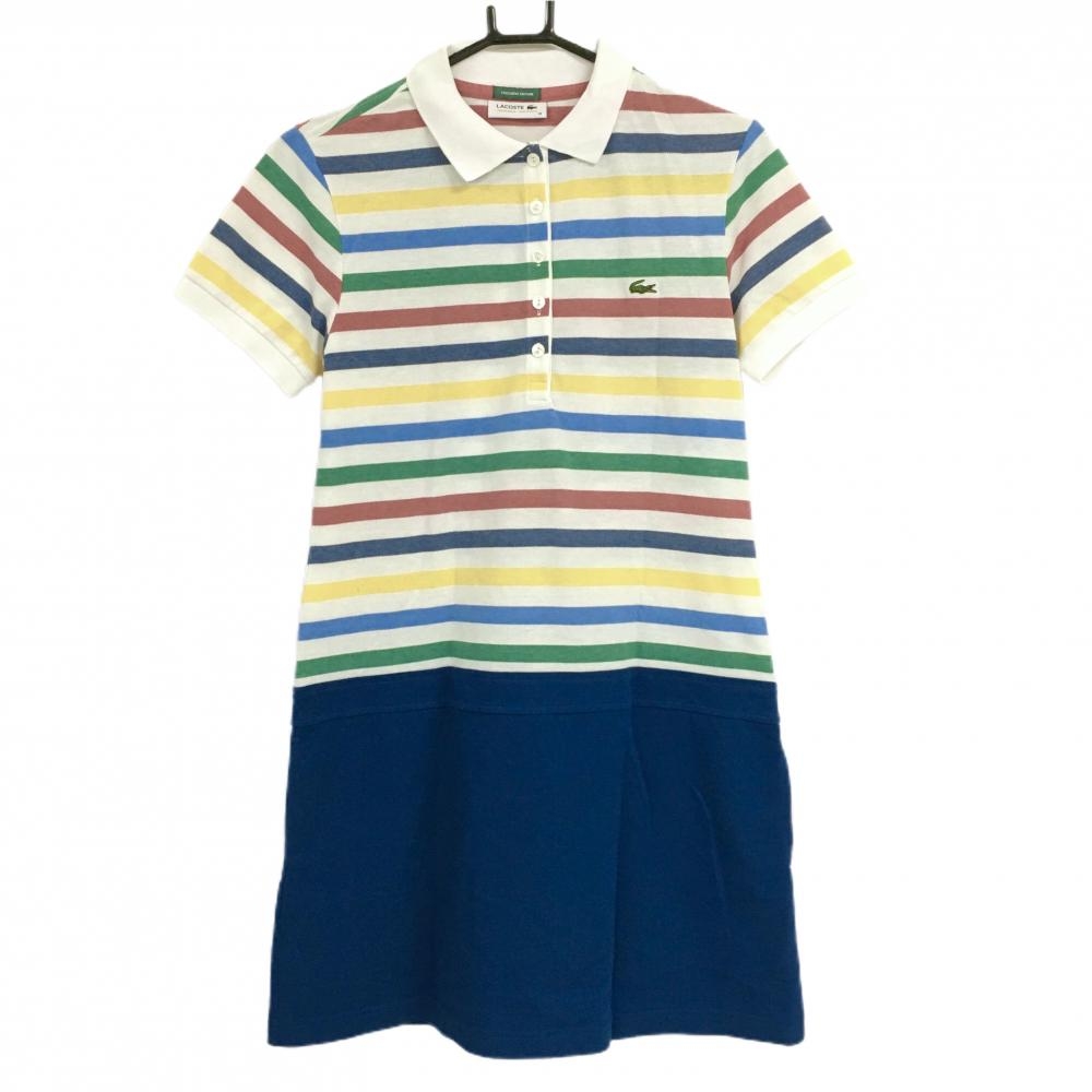 【美品】ラコステ 半袖ポロワンピース 白×マルチカラー 上部ボーダー レディース 38(L) ゴルフウェア LACOSTE
