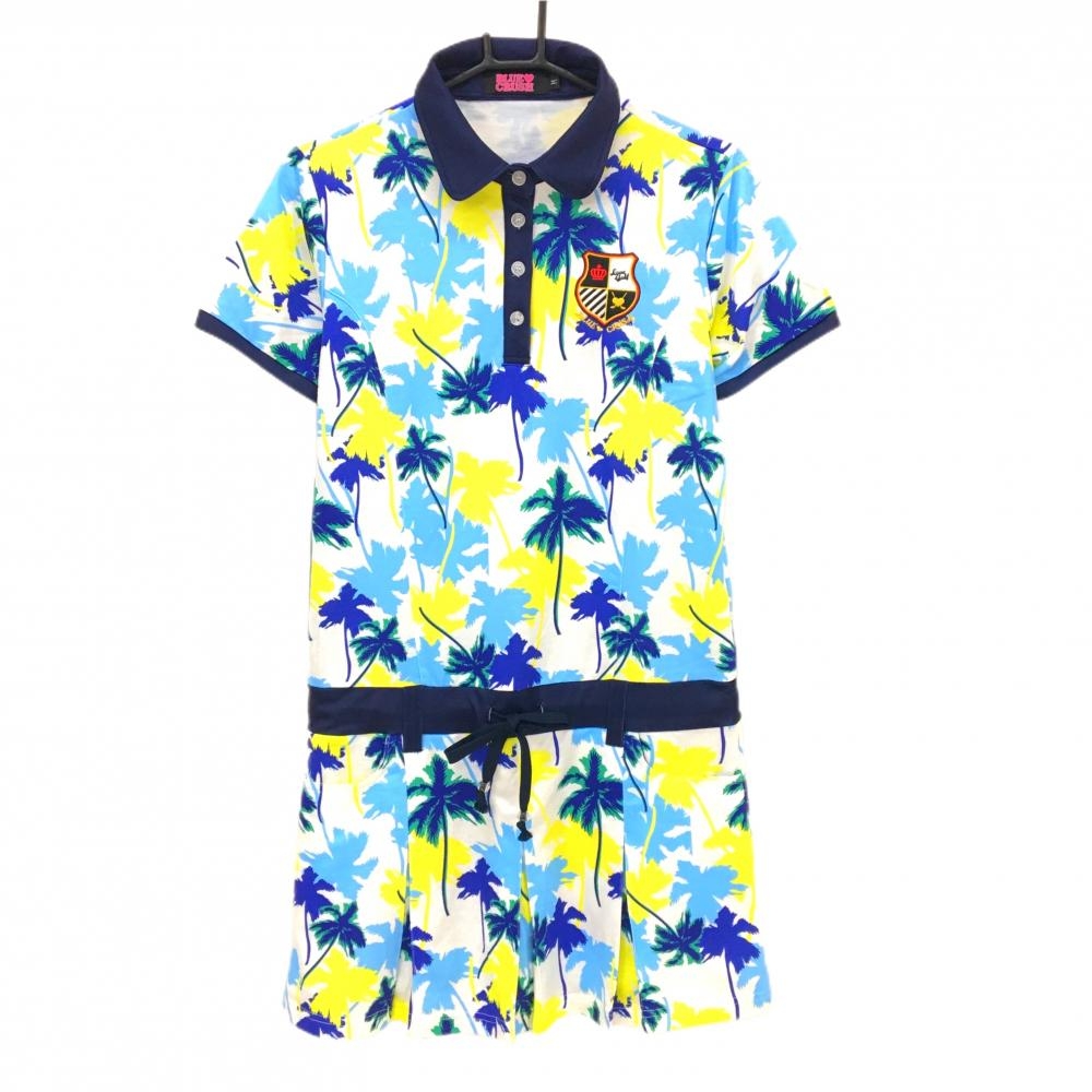 【美品】ブルークラッシュ 半袖ポロワンピース 白×ネイビー×イエロー ヤシの木総柄  レディース M ゴルフウェア BLUE CRUSH