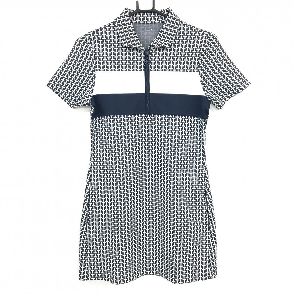 【美品】トリースポーツ 半袖ポロワンピース ネイビー×白 総柄 ハーフジップ レディース XS/TP ゴルフウェア TORY SPORT