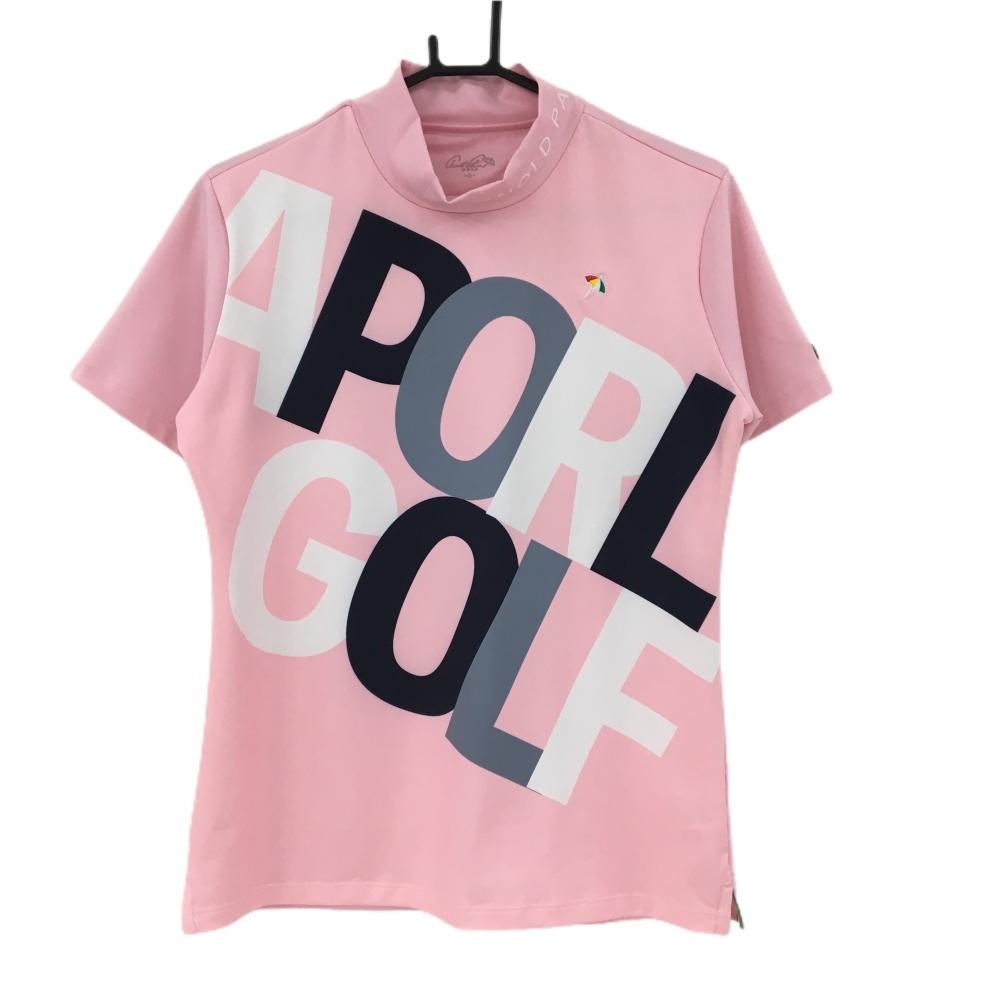【超美品】アーノルドパーマーゴルフ 半袖ハイネックシャツ ピンク×白 ビッグ英字 レディース O(XL) ゴルフウェア ArnoldPalmer