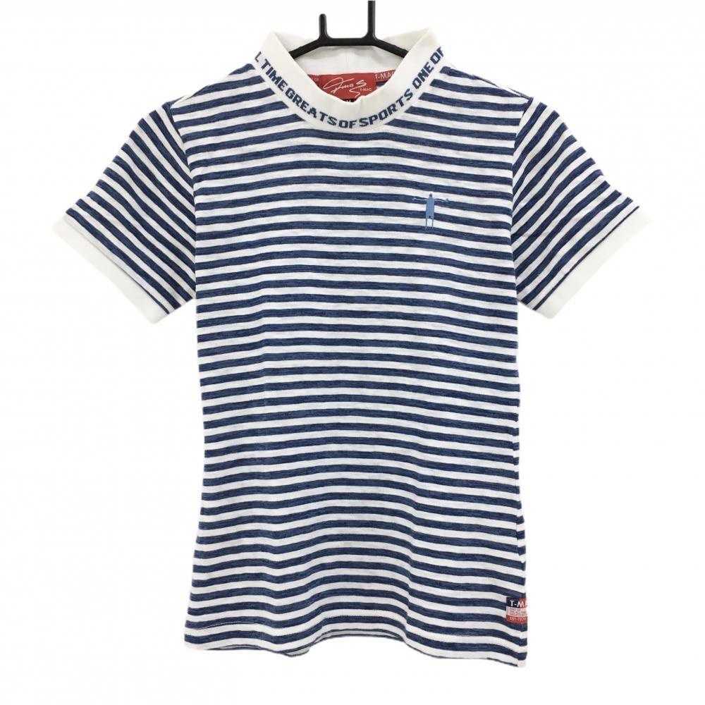 【美品】ティーマック 半袖ハイネックシャツ 白×ブルー ボーダー ネックロゴ  レディース M ゴルフウェア T-MAC