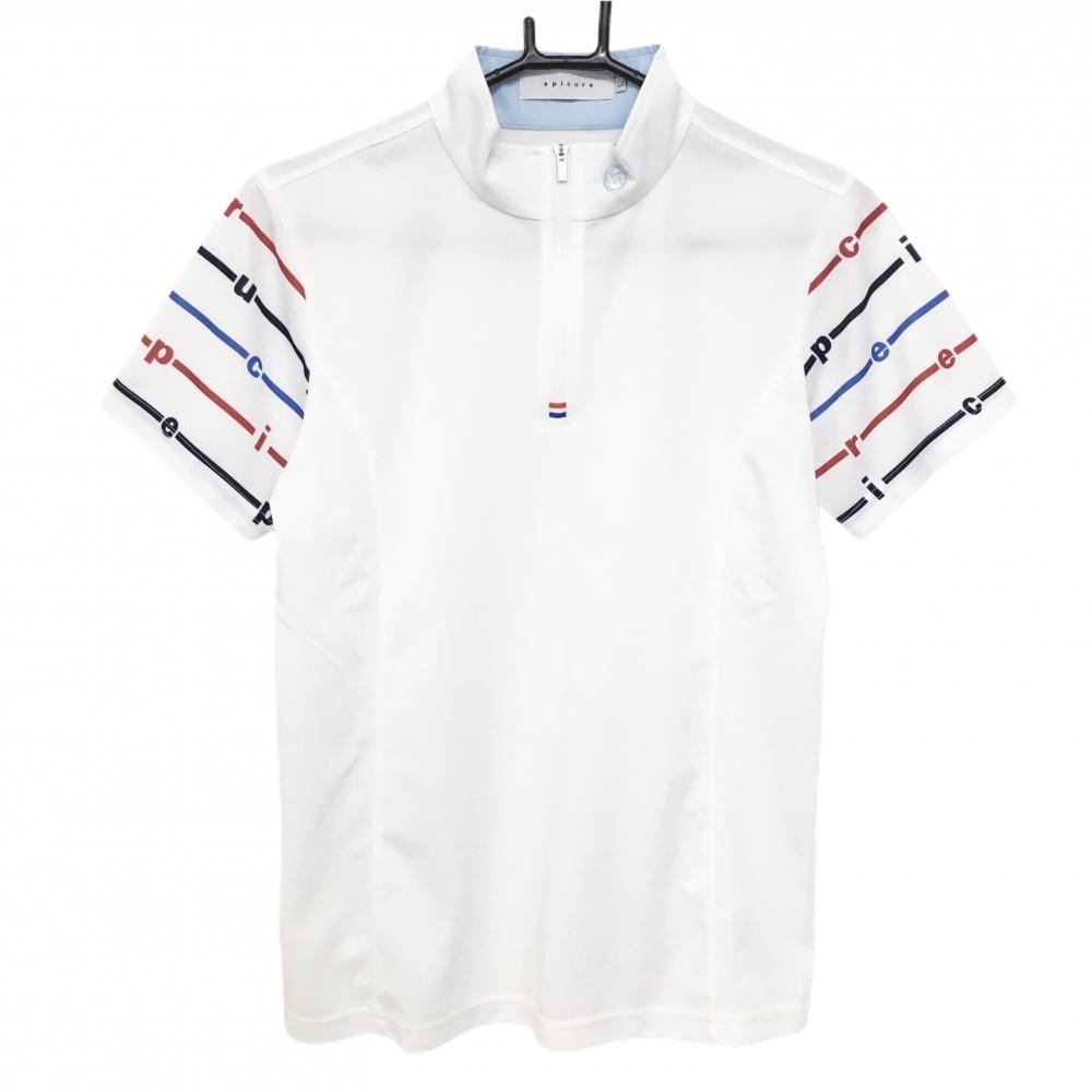 【美品】エピキュール 半袖ハイネックシャツ 白×ブルー×レッド ハーフジップ 袖ボーダー風 レディース L ゴルフウェア epicure