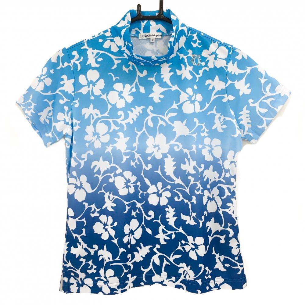 【超美品】セントクリストファー 半袖ハイネックシャツ ブルー×ネイビー×白 花柄  レディース 42 ゴルフウェア St.Christopher