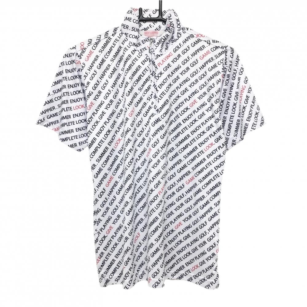 【超美品】ロッキー＆ホッパー 半袖ハイネックシャツ 白×黒 英字総柄 ハーフジップ レディース L ゴルフウェア ROCKY＆HOPPER