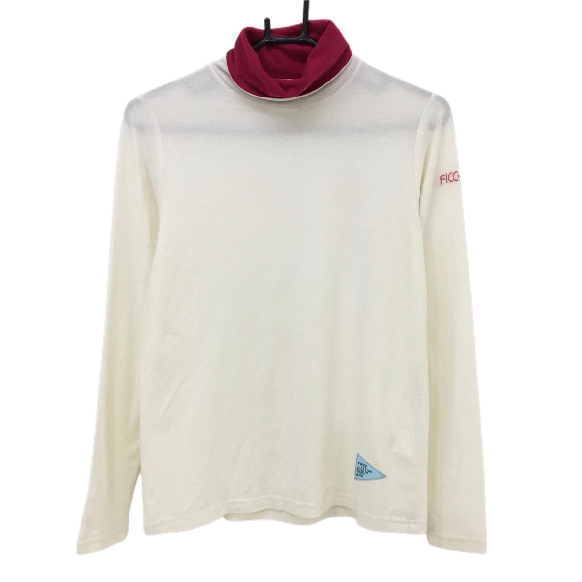 【超美品】フィッチェゴルフ 長袖ハイネックシャツ 白×ピンク 微起毛 ロゴ刺しゅう レディース S ゴルフウェア FICCE GOLF