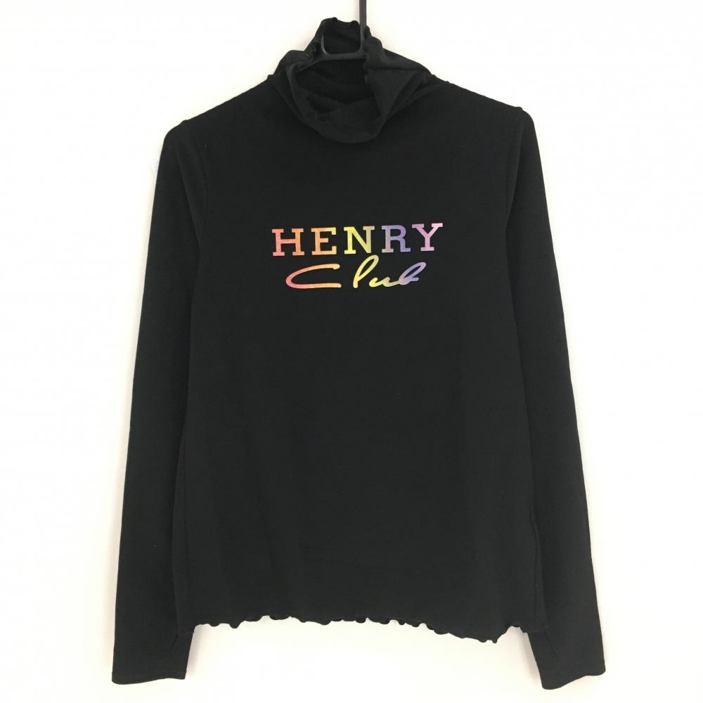【超美品】ヘンリークラブ 長袖ハイネックシャツ 黒×イエロー フロントロゴ 微起毛素材  レディース 42 ゴルフウェア HENRY club