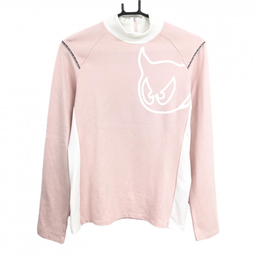 【超美品】ワック 長袖ハイネックシャツ ピンク×白 ビッグロゴ バックジップ レディース 3(L) ゴルフウェア WAAC