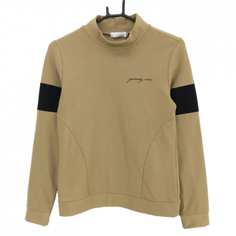 【超美品】ヤミーローズ 長袖ハイネックシャツ ライトブラウン×黒 裏起毛 袖ライン ロゴ レディース S ゴルフウェア yummy rose