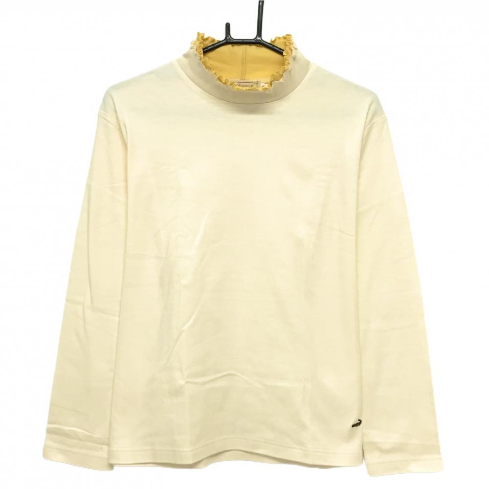 【超美品】クロコダイル 長袖ハイネックシャツ クリームイエロー ネックフリル風 レディース 2L ゴルフウェア CROCODILE