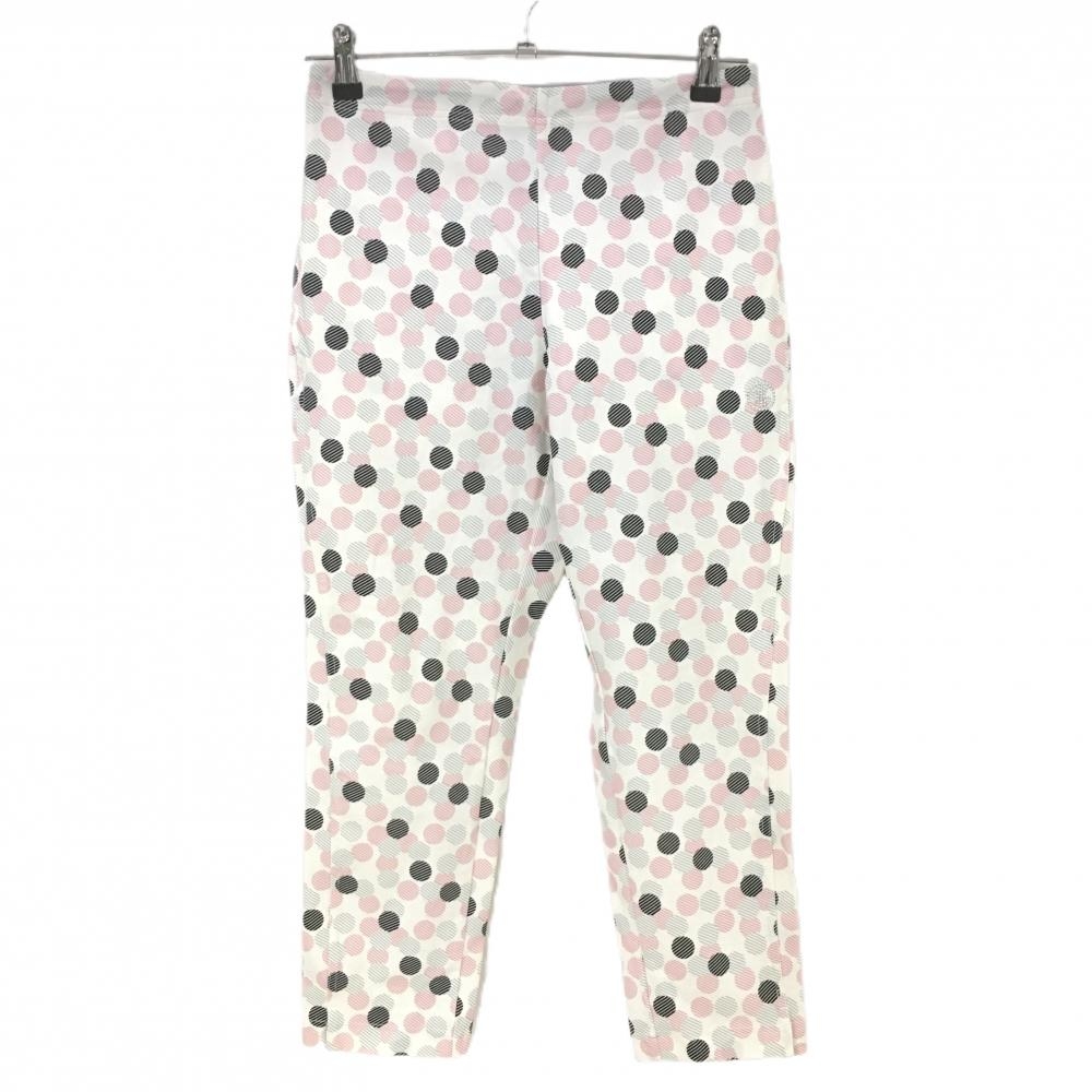 【超美品】クレールプリュス パンツ 白×ピンク ドット ウエスト一部ゴムラメ レディース 38 ゴルフウェア CLAIR+PLUS
