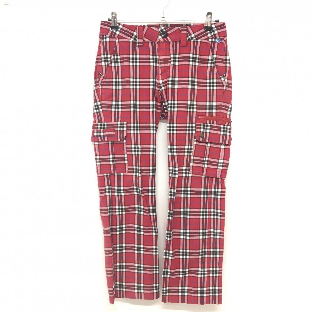 【美品】キスマークゴルフ パンツ レッド×黒 チェック 裾自己処理 レディース 11 ゴルフウェア Kissmark Golf