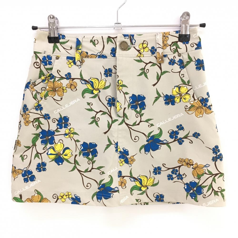 【美品】カジェヘラ スカート ベージュ×ブルー 花柄 総柄 ストレッチ レディース 0 ゴルフウェア CALLEJER