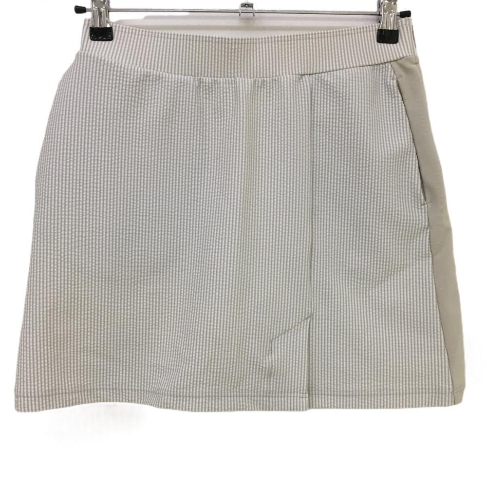 【超美品】エマンゴルフ スカート ベージュ×白 ストライプ ストレッチ サッカー生地 レディース M ゴルフウェア AIMANT GOLF