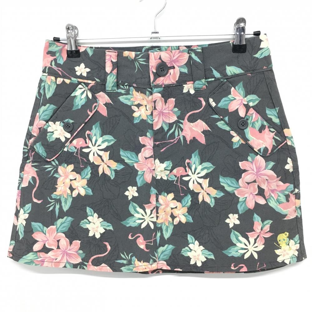 【超美品】キスマーク スカート グレー×ピンク 花柄 フラミンゴ 後ろプリーツ ストレッチ レディース 9(M) ゴルフウェア Kissmark