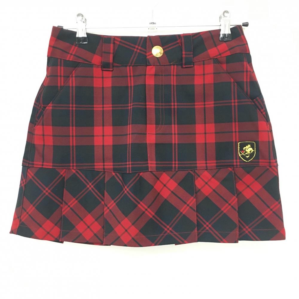 【超美品】キスマーク スカート レッド×黒 チェック 裾プリーツ レディース 5 ゴルフウェア KISSMARK