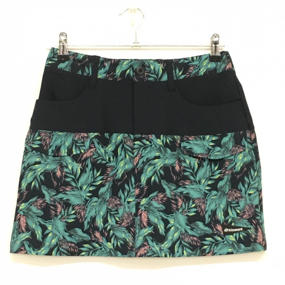 【超美品】キスマークゴルフ スカート ネイビー×グリーン リーフ柄 レディース 7 ゴルフウェア Kissmark