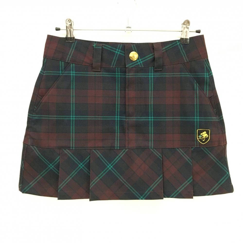 【超美品】キスマーク スカート ボルドー×グリーン チェック 裾プリーツ レディース 9 ゴルフウェア kissmark