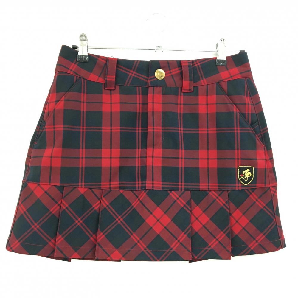 【美品】キスマーク スカート レッド×黒 チェック 裾プリーツ レディース 9(M) ゴルフウェア kissmark