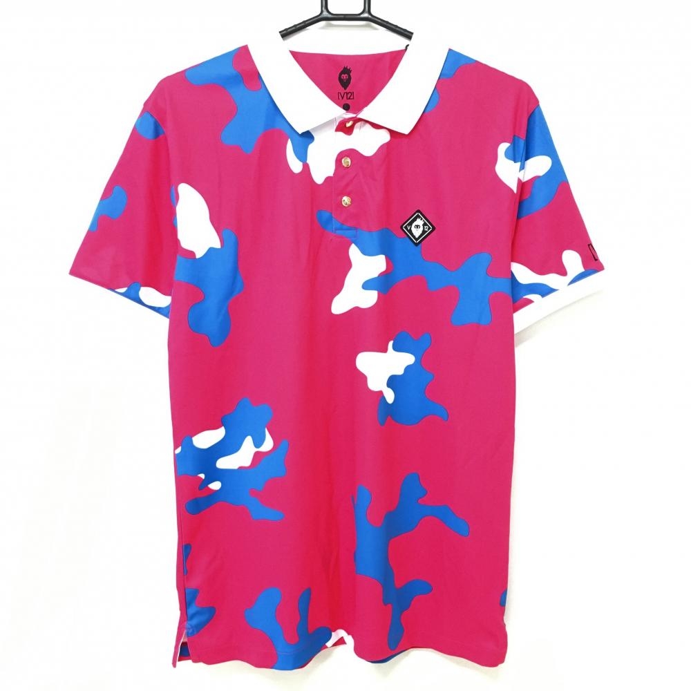【超美品】ヴィトゥエルヴ 半袖ポロシャツ ピンク×ブルー×白 総柄 シリコンロゴ メンズ L ゴルフウェア V12