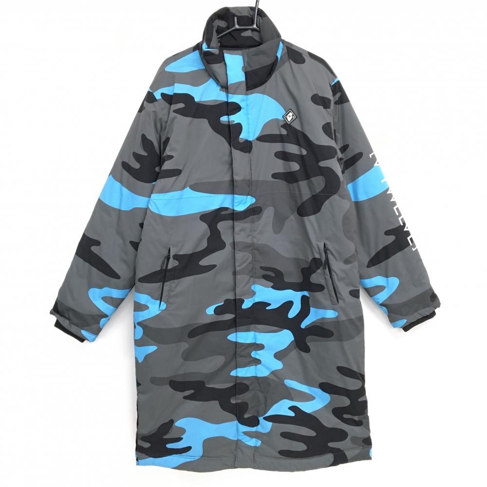 【美品】V12 中綿コート グレー×ライトブルー カモフラ ベンチコート ジャケット 迷彩 太もも付近・袖口汚れ メンズ L ゴルフウェア V12