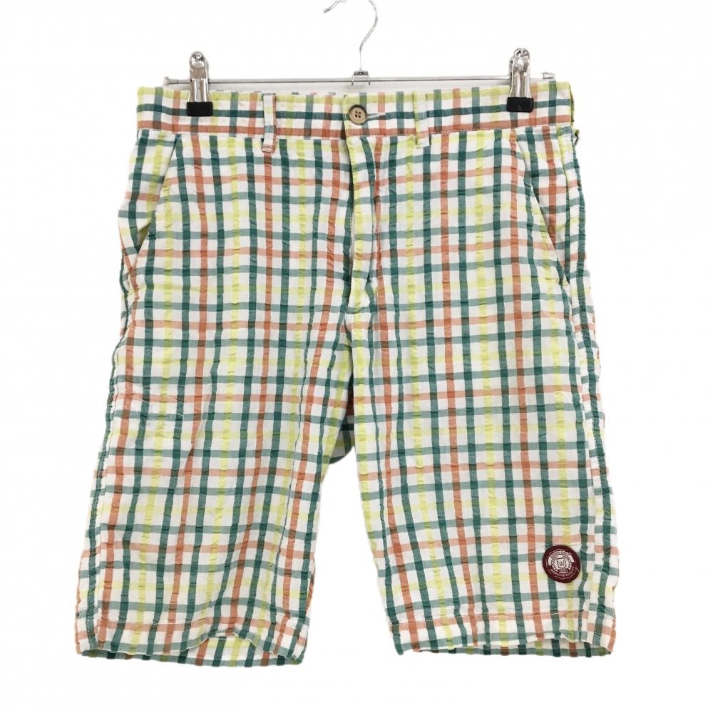 【美品】エドウィン ハーフパンツ アイボリー×マルチカラー チェック サッカー調 メンズ SMALL ゴルフウェア EDWIN GOLF
