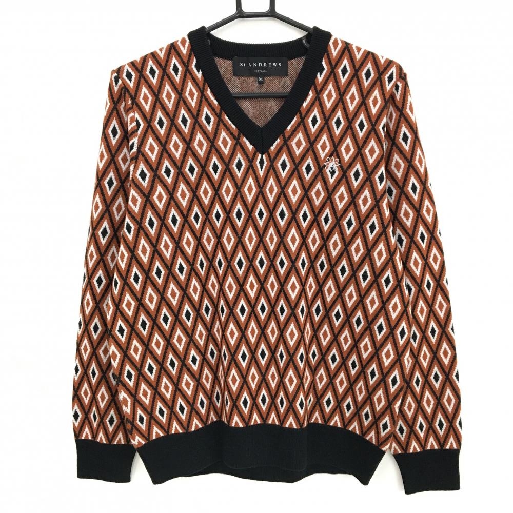 【超美品】セントアンドリュース セーター ブラウン×黒×白 総柄 ウール混 ニット Vネック メンズ M ゴルフウェア St ANDREWS