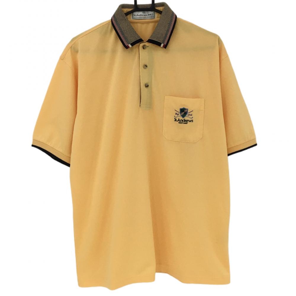セントアンドリュース 半袖ポロシャツ イエロー×黒 襟ストライプ 胸ポケット メンズ LL ゴルフウェア St ANDREWS