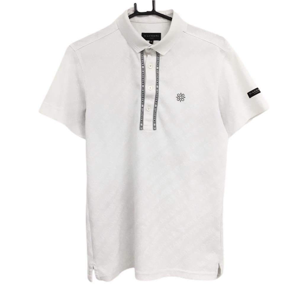 セントアンドリュース 半袖ポロシャツ 白 英字ロゴ総柄地模様 前立て横ロゴライン メンズ M ゴルフウェア 2023年モデル St ANDREWS