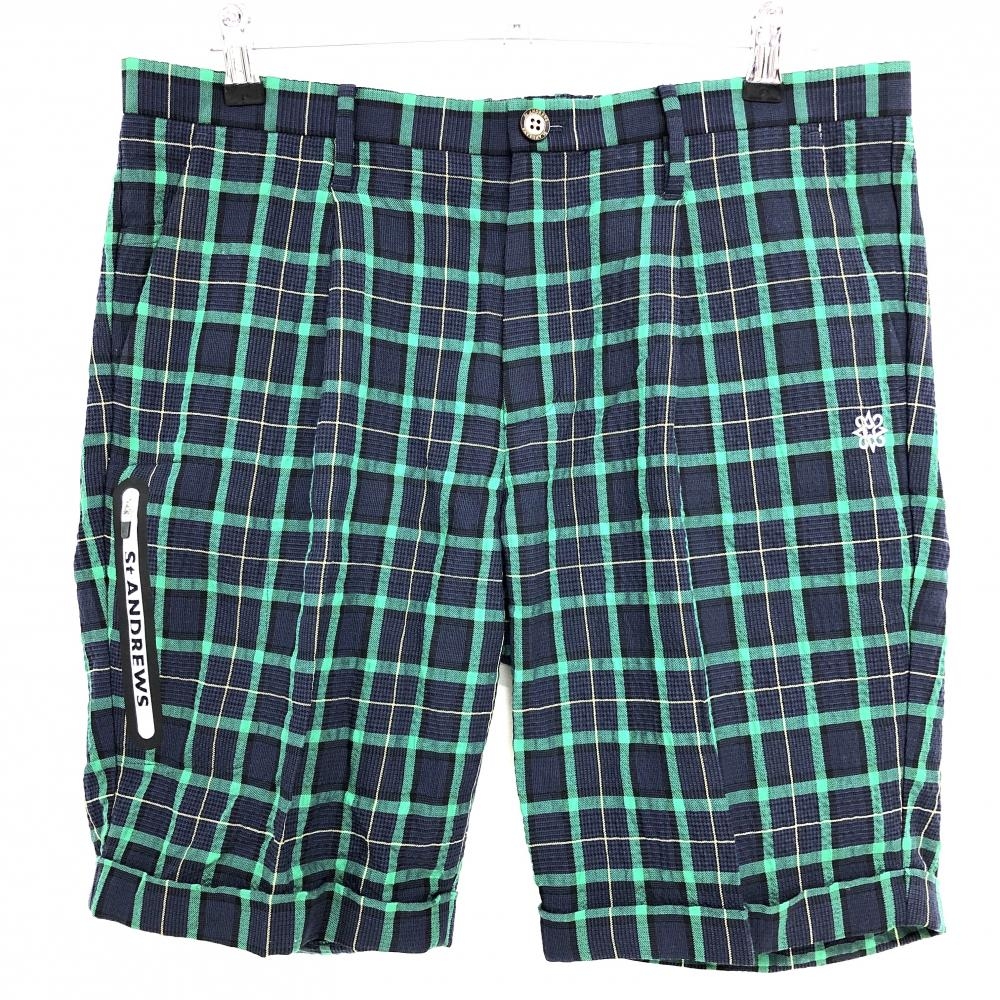 【超美品】セントアンドリュース ハーフパンツ ネイビー×グリーン チェック サッカー生地  メンズ LL ゴルフウェア St ANDREWS