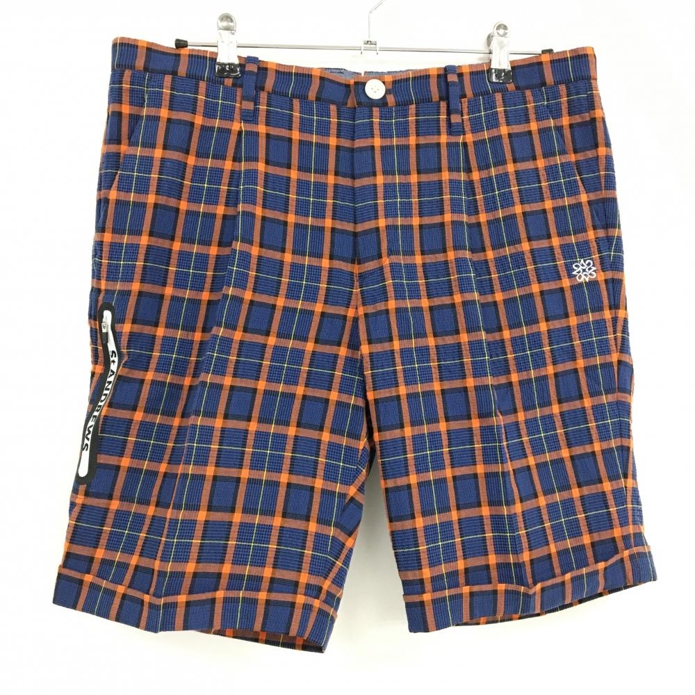 【超美品】セントアンドリュース ハーフパンツ ネイビー×オレンジ チェック サッカー生地  メンズ LL ゴルフウェア St ANDREWS