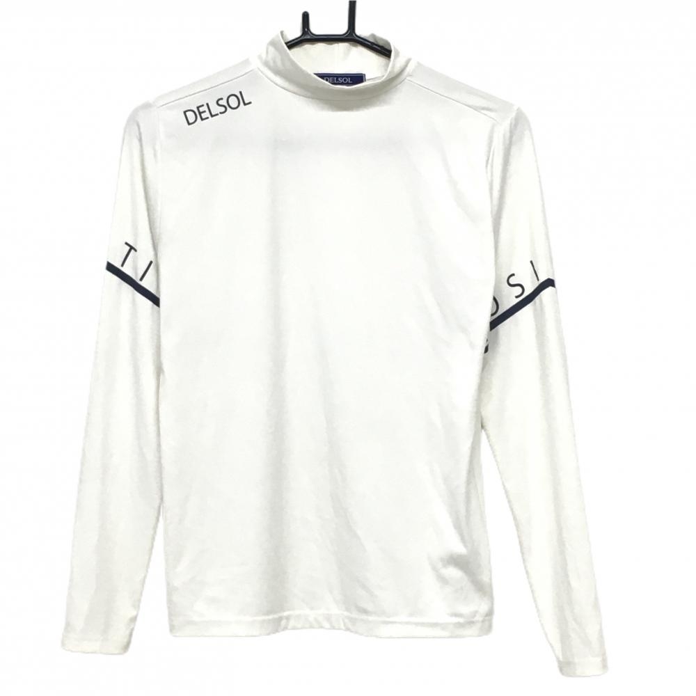 【美品】デルソル 長袖ハイネックシャツ 白×ネイビー 袖ロゴ メンズ M ゴルフウェア DELSOL