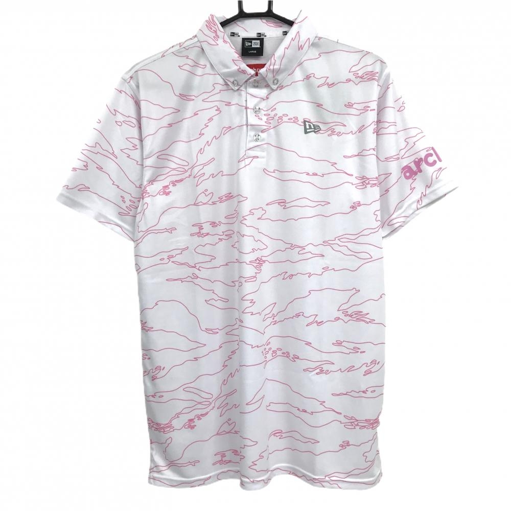【新品】ニューエラ×アルチビオ 半袖ポロシャツ 白×ピンク 総柄 バックロゴ メンズ LARGE/40(L) ゴルフウェア New Era