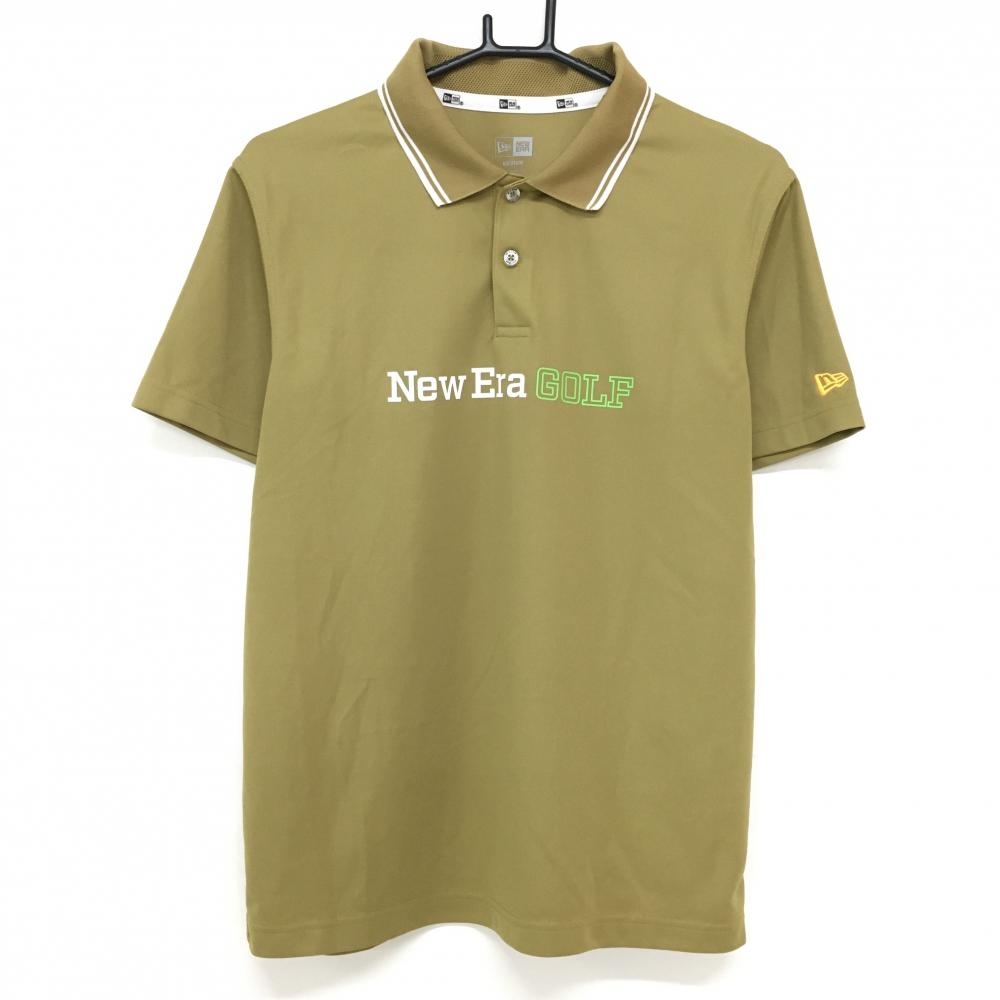 【超美品】ニューエラ 半袖ポロシャツ ブラウン系×白 フロントロゴプリント メンズ MEDIUM ゴルフウェア New Era